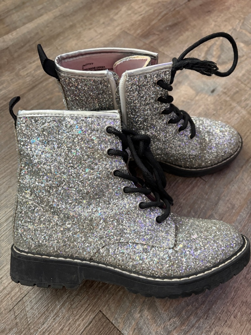 Steve Madden Girls Silver Glitter Lace-Up Combat Boots